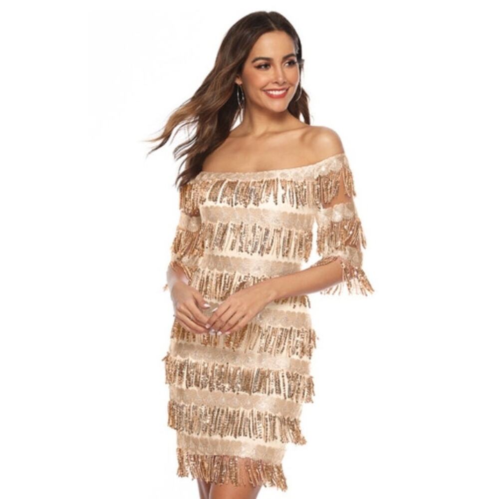 Chartou Off The Shoulder Fringed Sequin Party Style Dress NWT - Picture 11 of 11